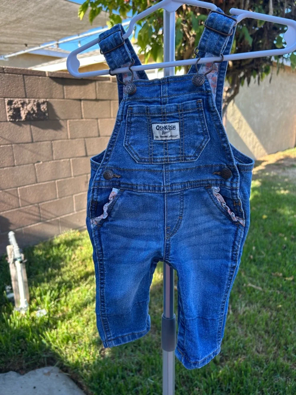 OshKosh B'gosh Dark Blue Denim with pink floral ruffle details 0/3 mos Overalls